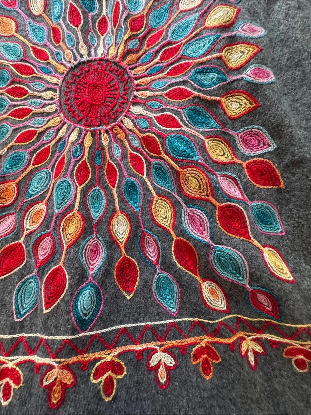 Soft Gray Scarf with Multicolor Sunburst Embroidery patterns like new